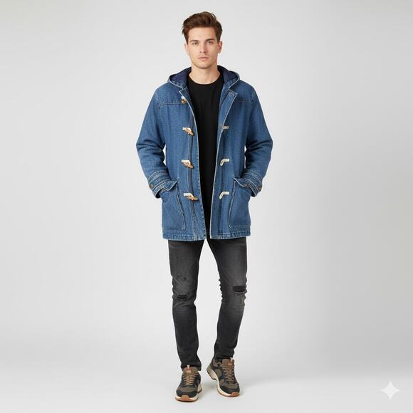 Vtg 90s Brandon Thomas Denim Duffle Toggle Coat Size L - Picture 1 of 14